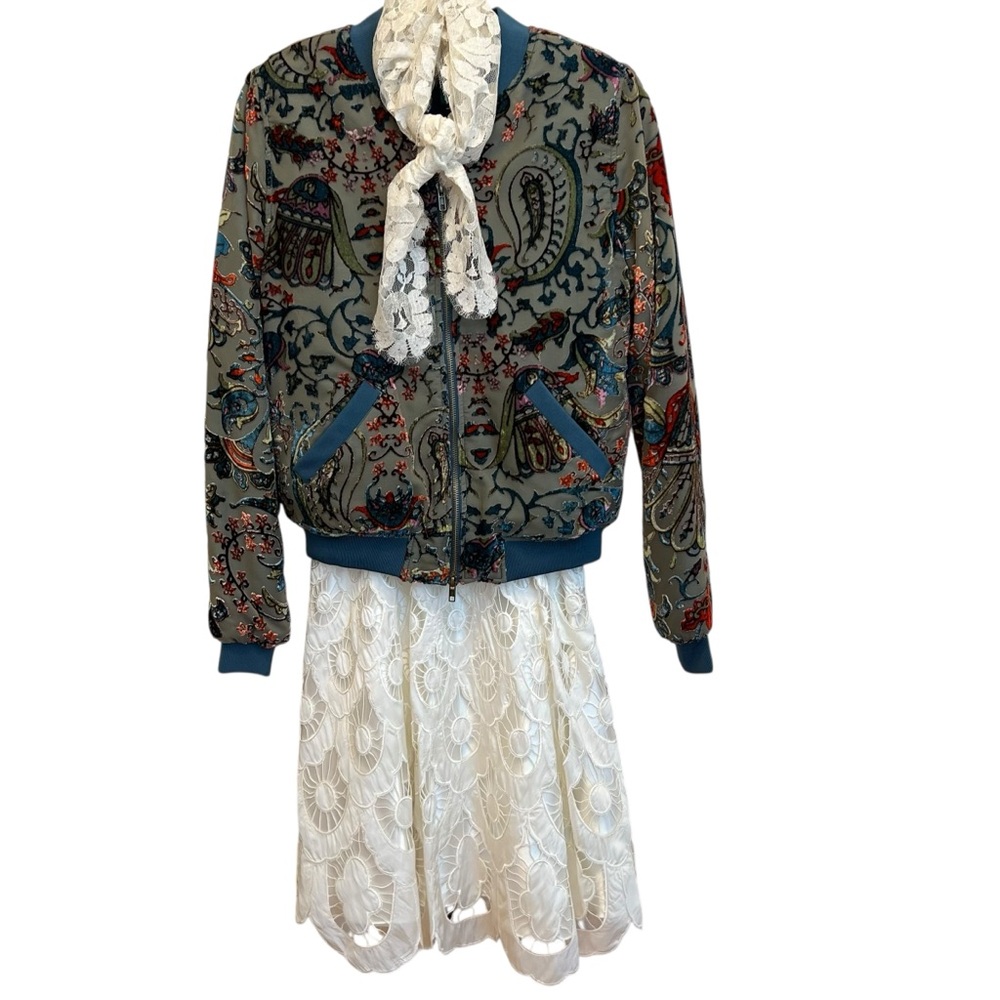 Kas Designs Green Paisley Burnout Velvet  Bomber Jacket Size Small